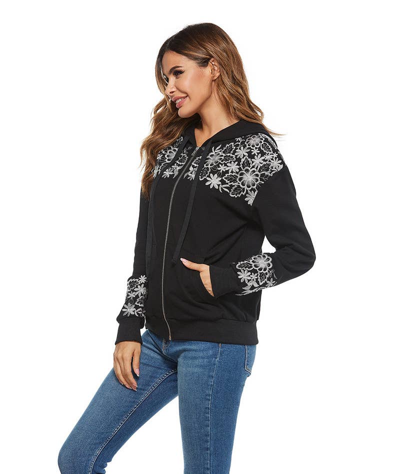 DESIGN SENSE EMBROIDERY HOODED TOP CARDIGAN COAT