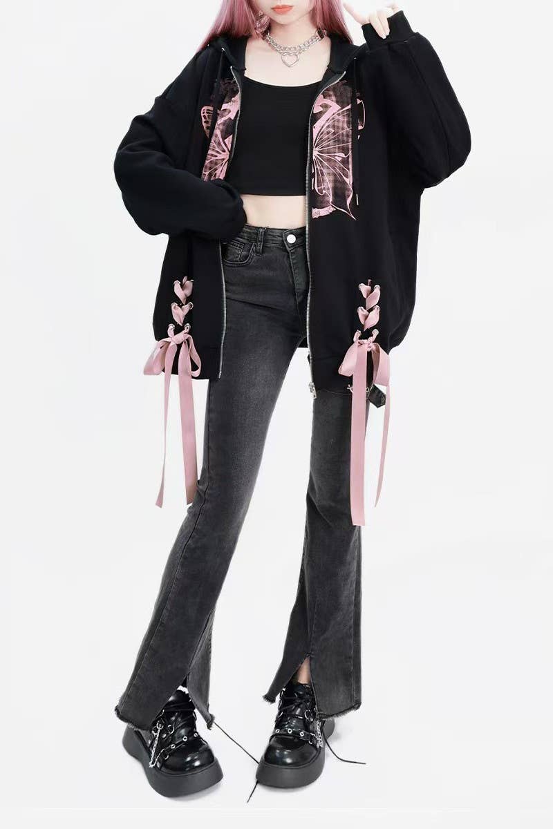 CWOHOL1114_BUTTERFLY PRINT ZIP UP LOOSE HOODIE JACKET