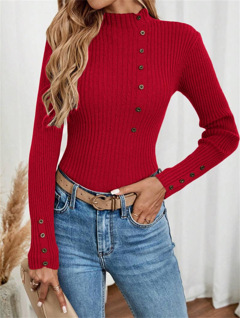Button long-sleeved knitted base layer top