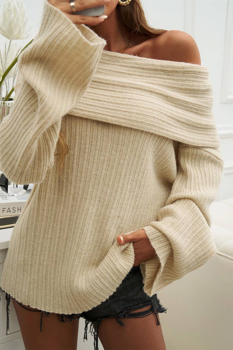 CWOSWL3013_ONE-SHOULDER SOLID COLOR LOOSE KNITTED SWEATER