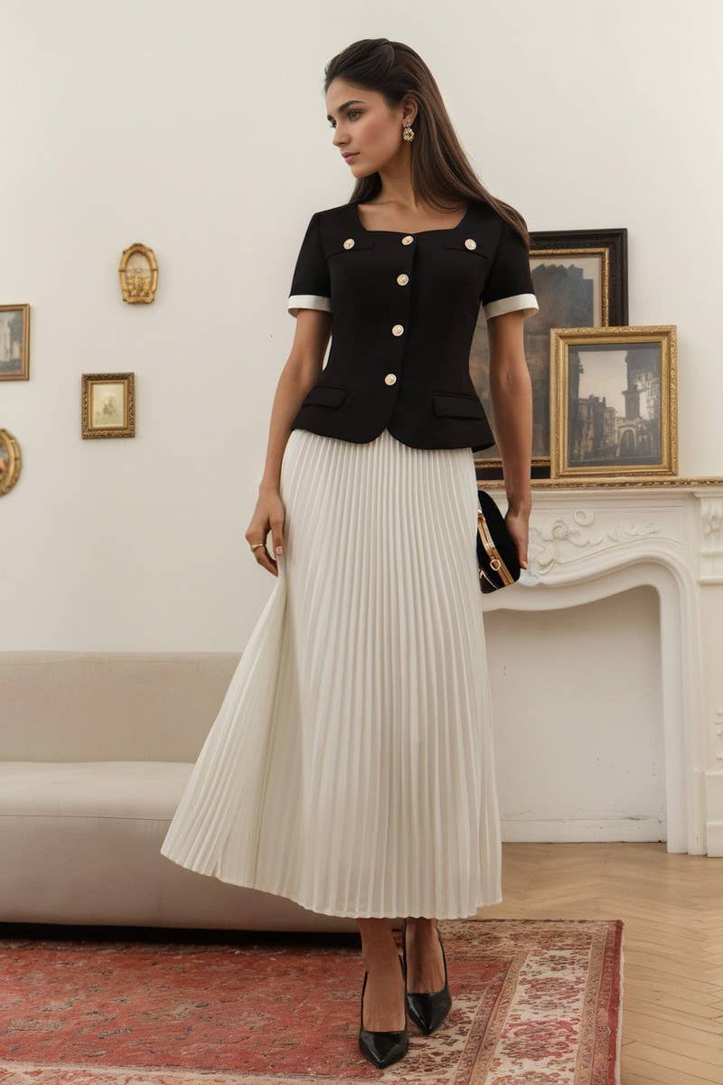 CWSTB2127_SQUARE NECK SHORT SLEEVE TOP & PLEATED SKIRT SET