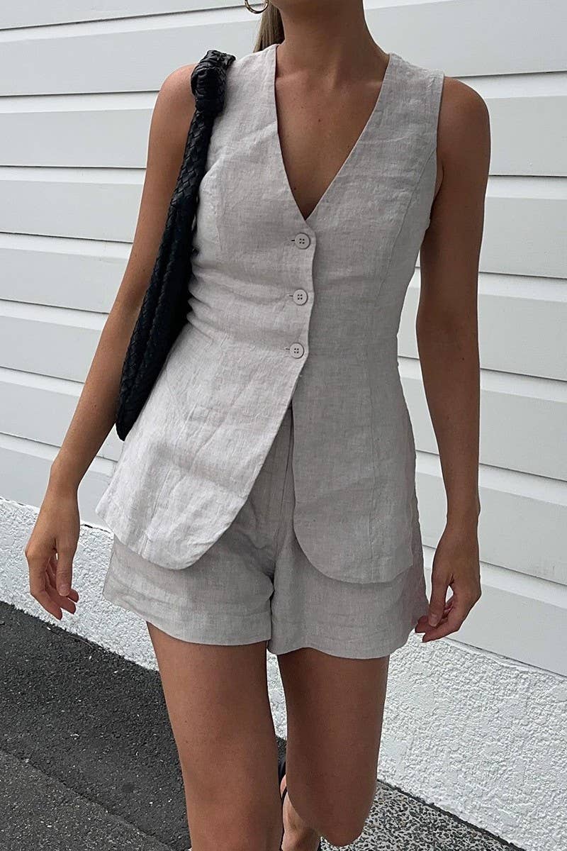 CWSTB1810_COTTON-LINEN SIMPLE SOLID VEST & SHORTS SET