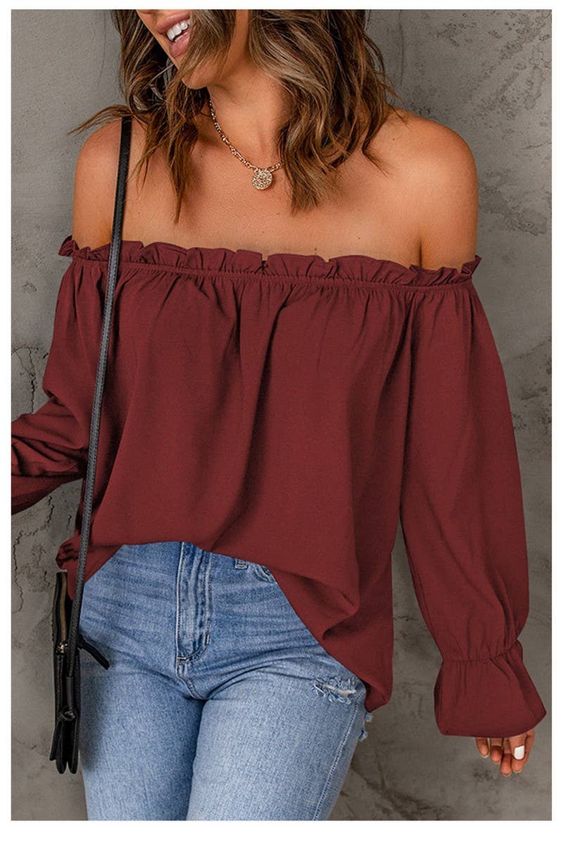 CWTBLL0859_SOLID COLOR PULLOVER SEXY OFF-SHOULDER TOP