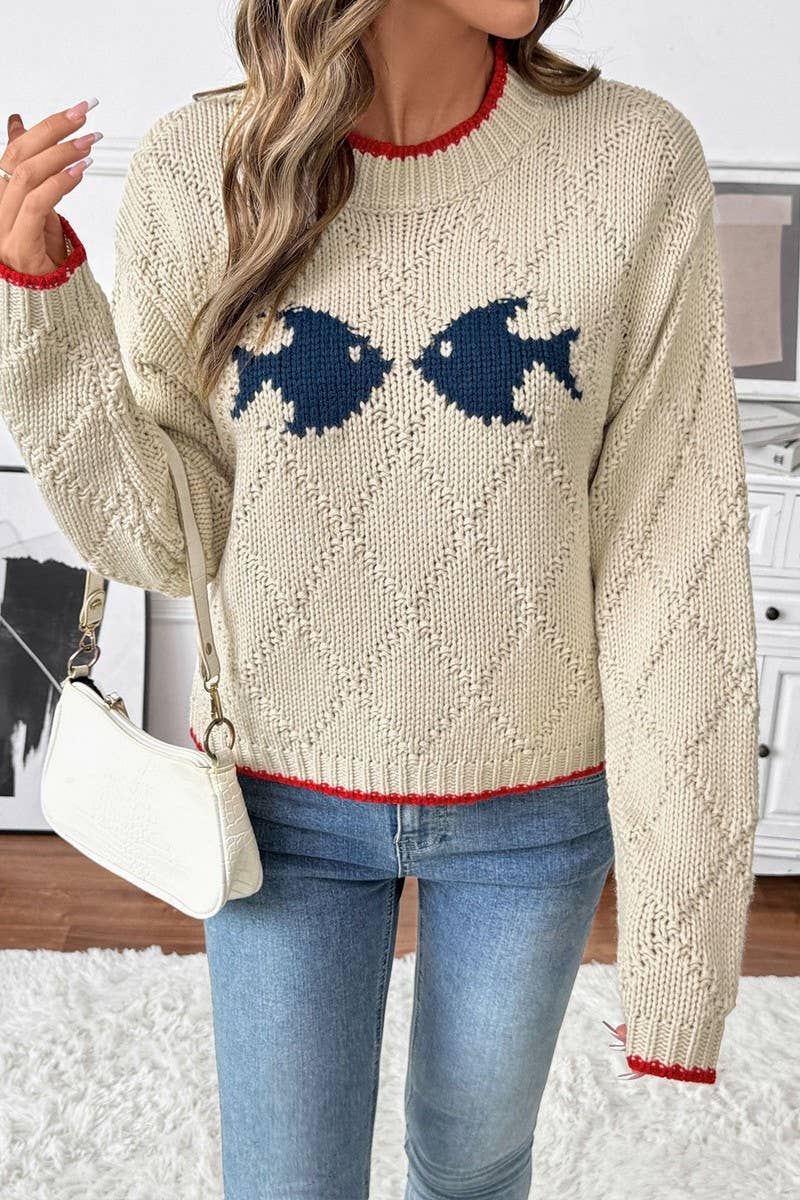 CWOSWL07131_CONTRAST-TRIMMED FISH PATTERN PULLOVER SWEATER