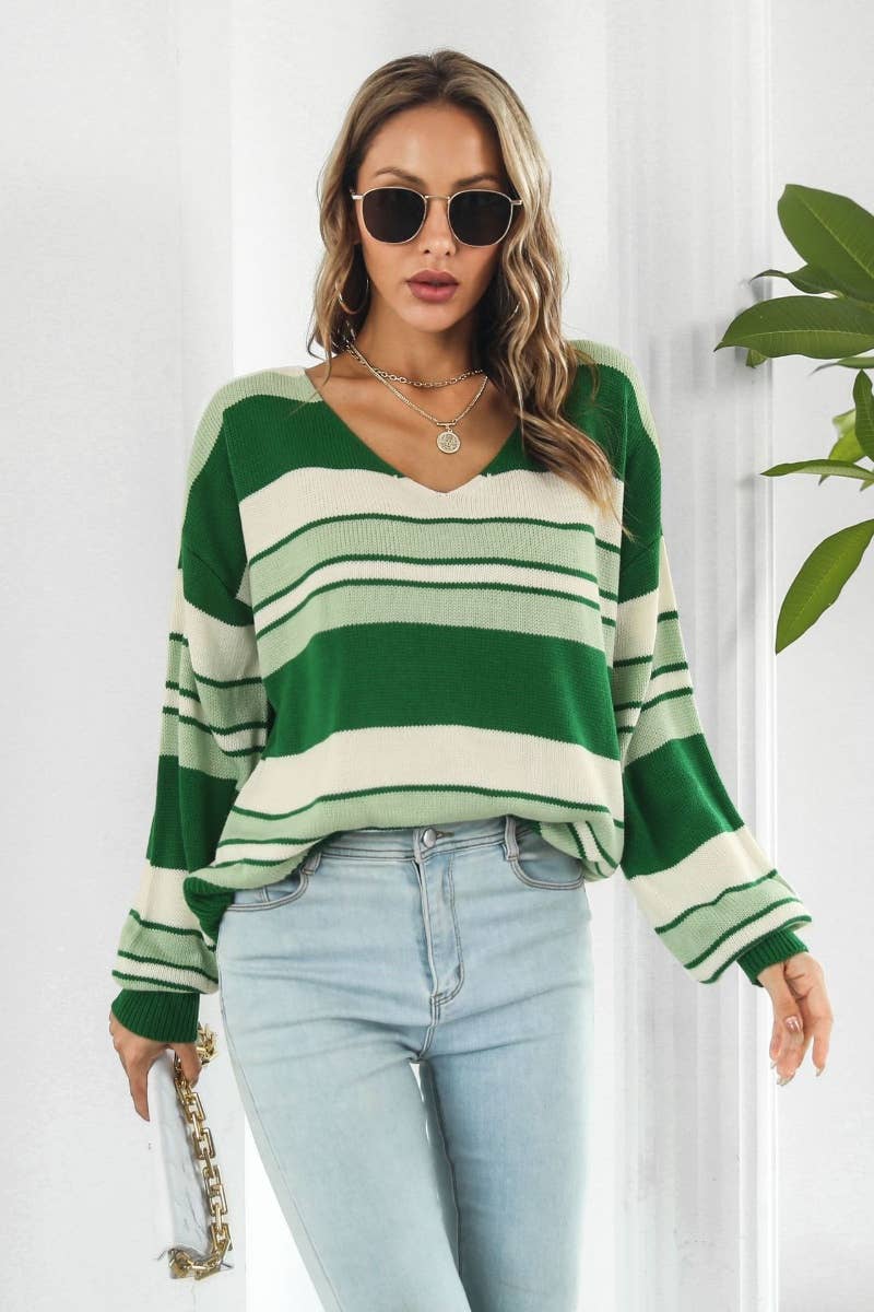 CWOSWL6401_LOOSE V-NECK STRIPED LONG-SLEEVED SWEATER