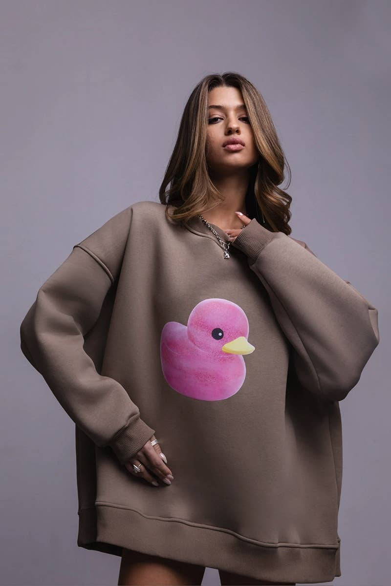 CWTBLL1691_CASUAL DUCK PRINT CREW-NECK LONG-SLEEVED HOODIE