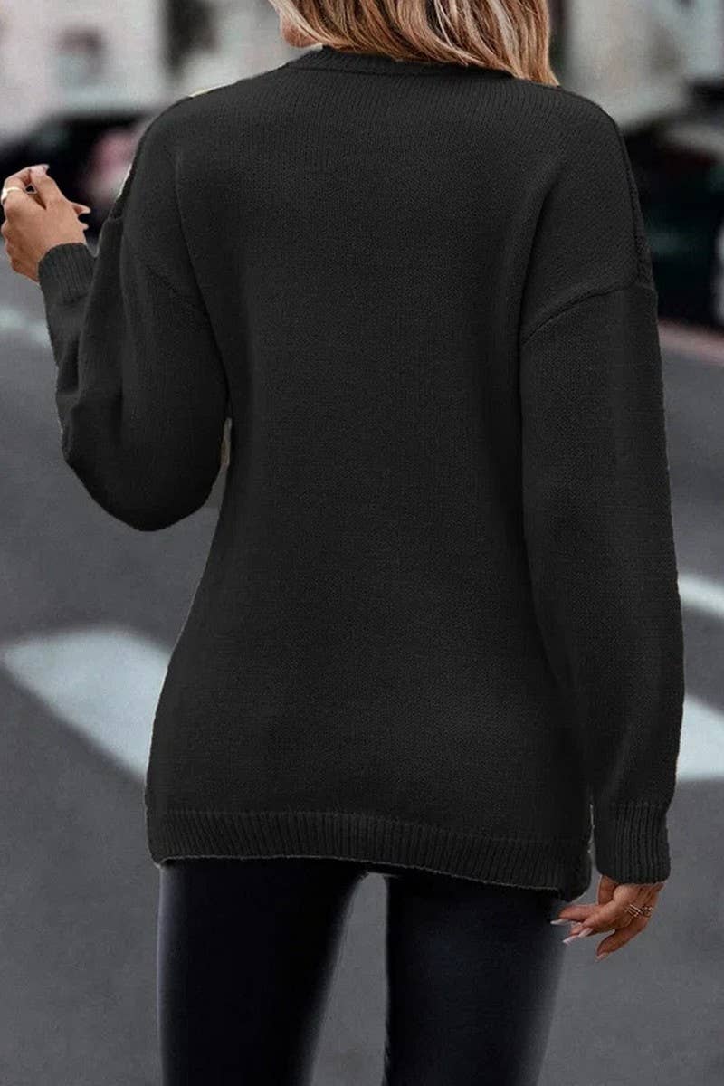 CWOSWL6535_SOLID COLOR V-NECK CROSS JACQUARD CASUAL SWEATER