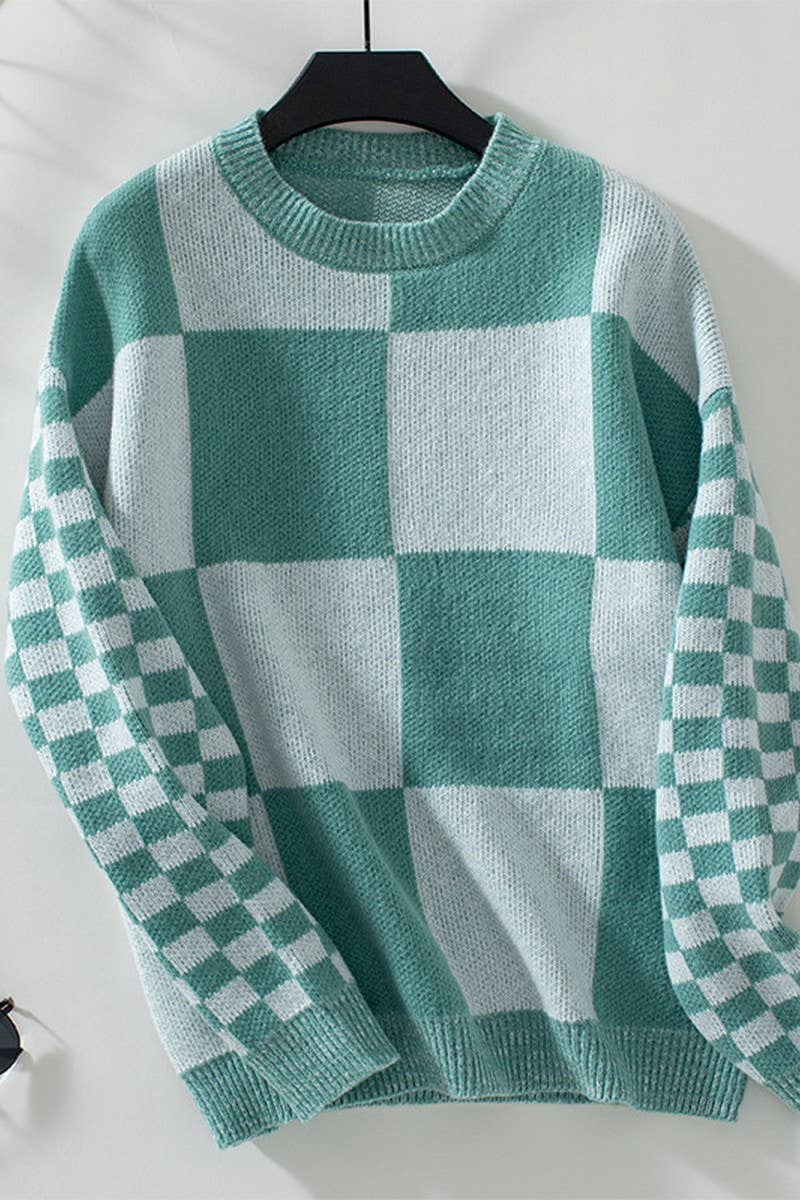CWOSWL2873_CHECK CONTRAST KNIT SWEATER
