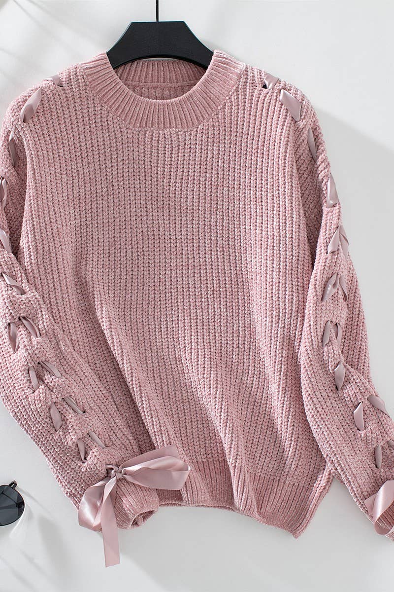 CWOSWL2908_SOLID COLOR BOW PULLOVER KNITTED SWEATER