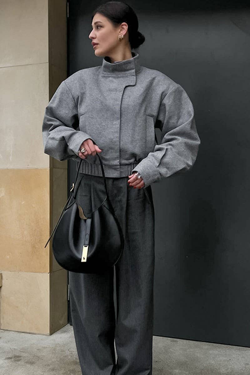 CWOCO1115_GREY SHORT WOOLEN COAT WITH SMALL STAND COLLAR