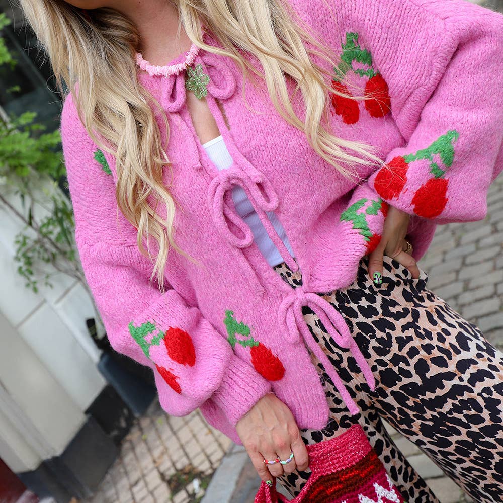 Cherry embroidery jacquard lace-up cardigan