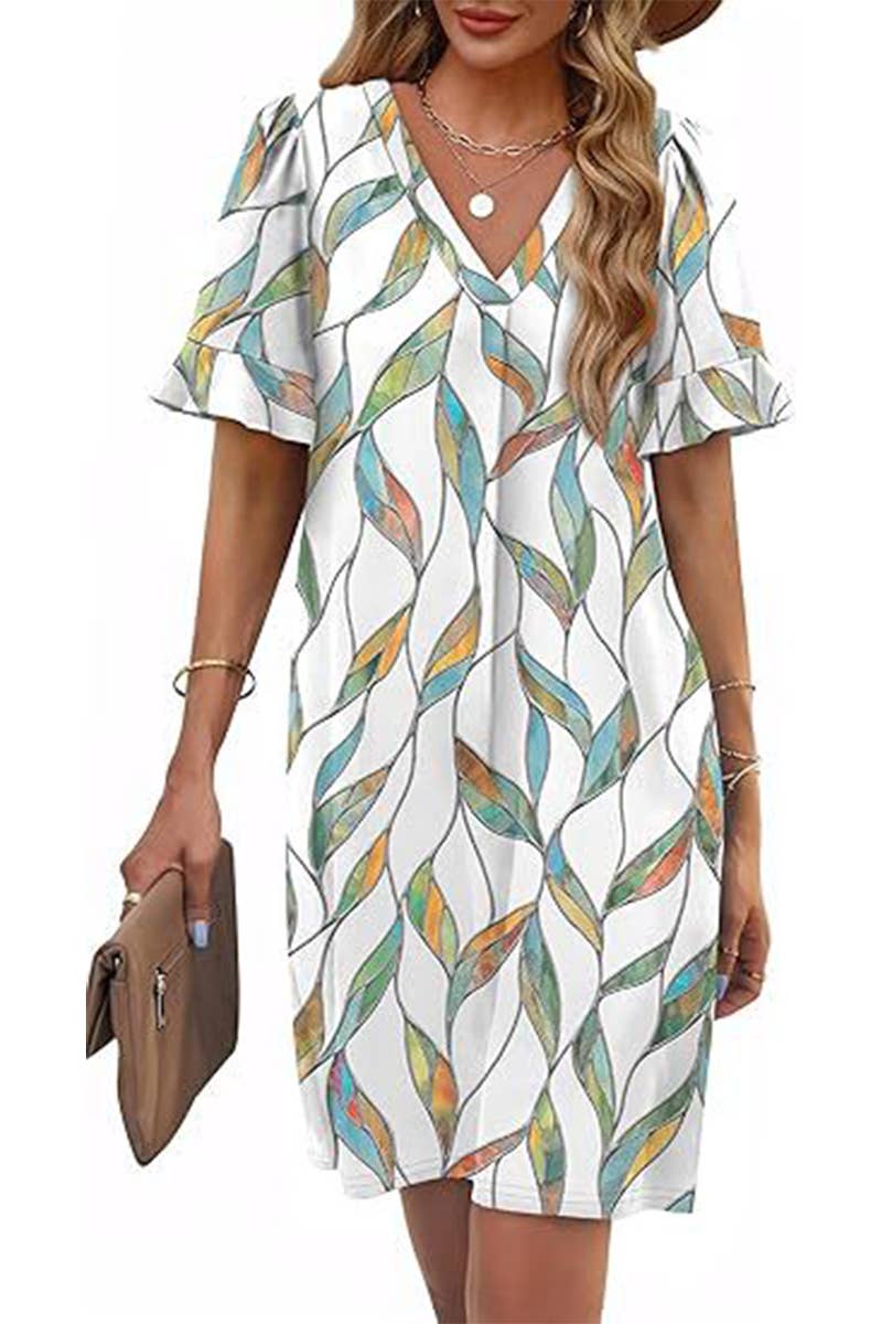 CWDSD8811_V-NECK TRUMPET SLEEVES POCKET SHORT SLEEVE DRESS