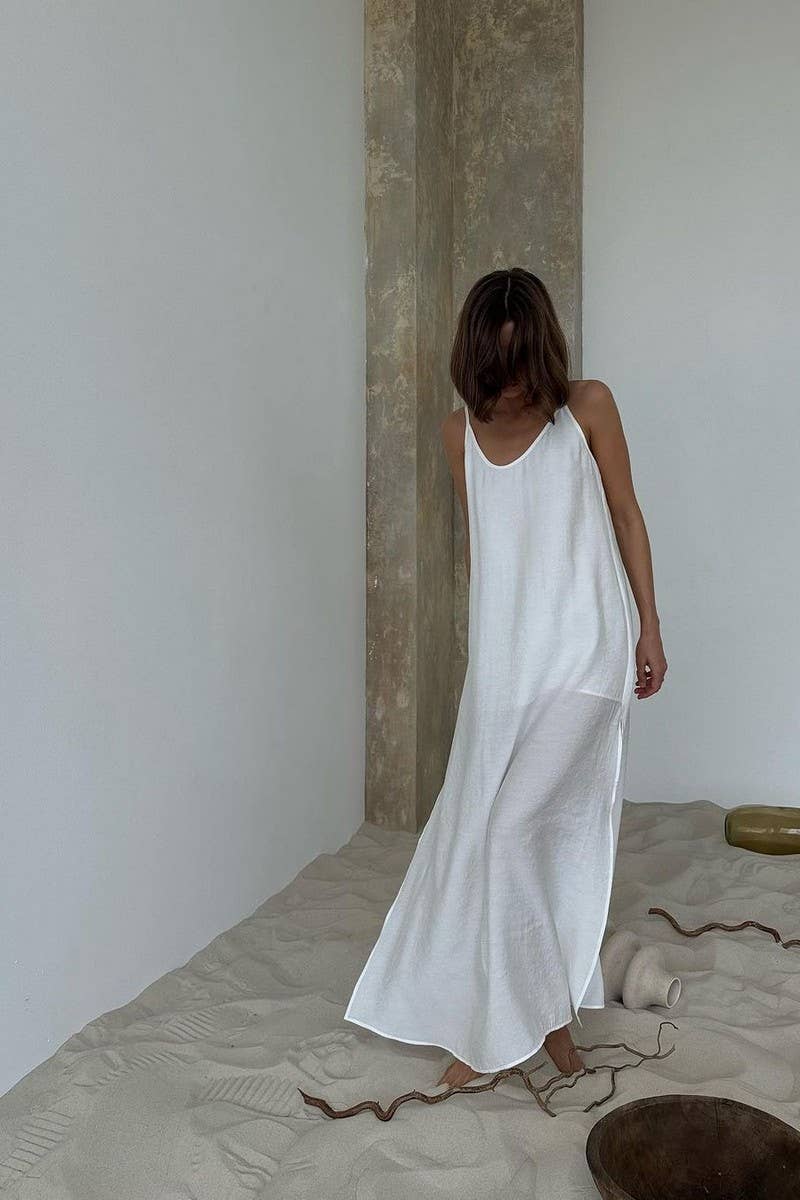 CWSPJ454_SOLID COLOR THIN LOOSE BREATHABLE PAJAMAS DRESS