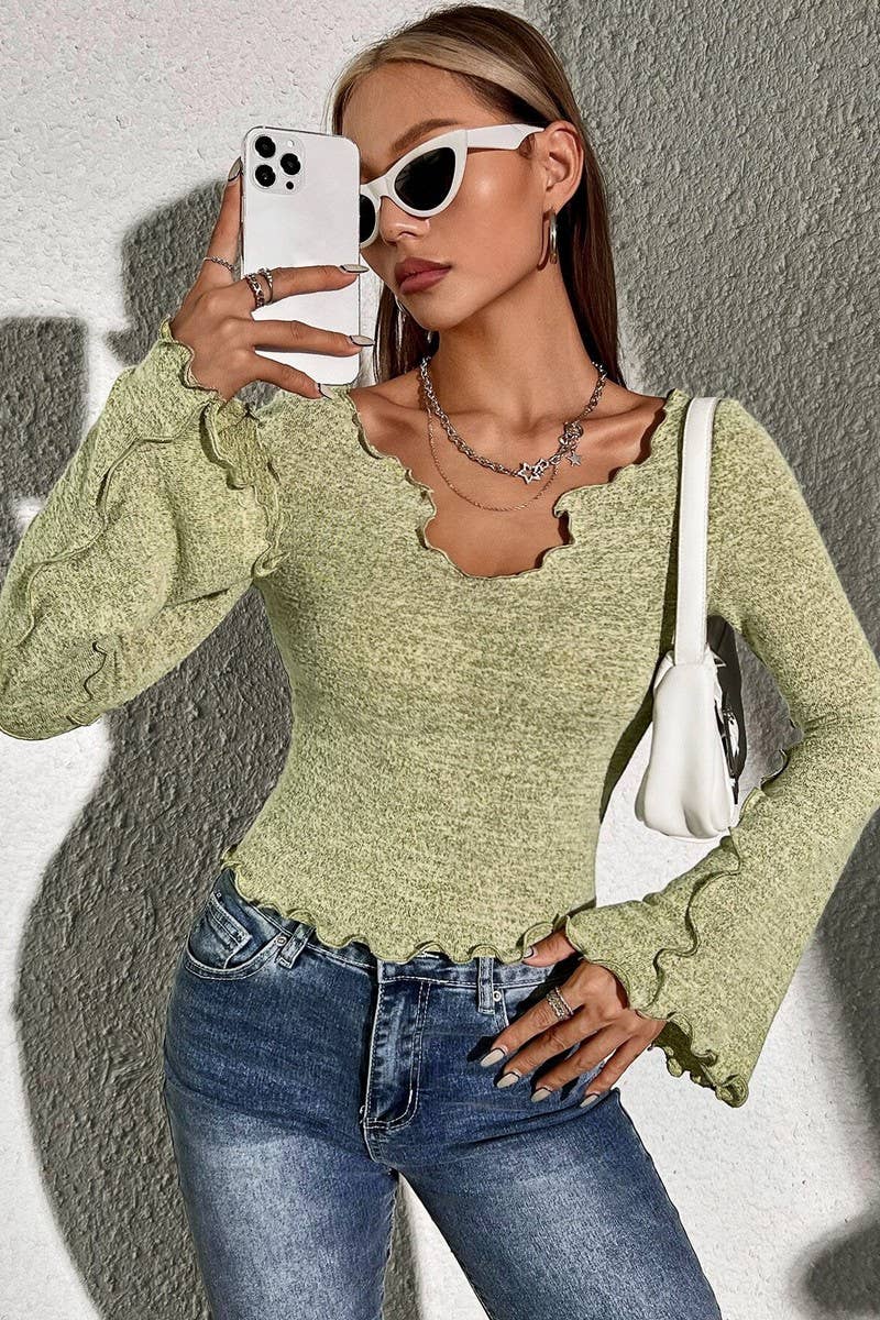 CWTBLL2730_SOLID COLOR FRAYED EDGE CROPPED FLARED SLEEVE TOP