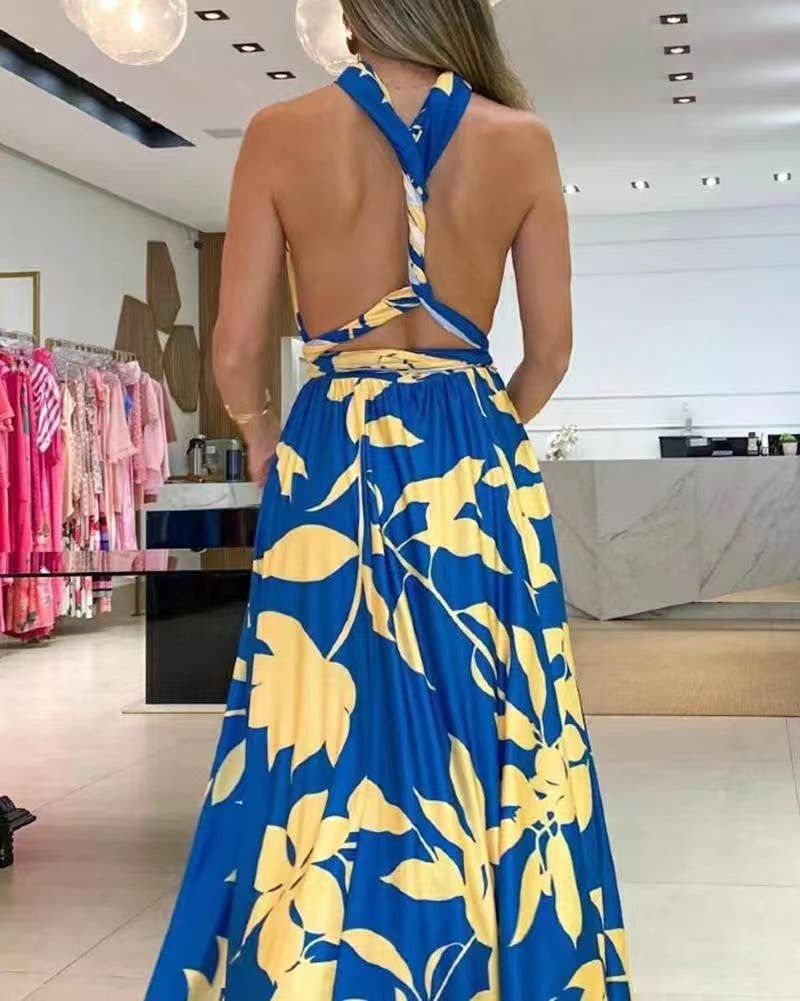 Backless one-shoulder sleeveless print long dress