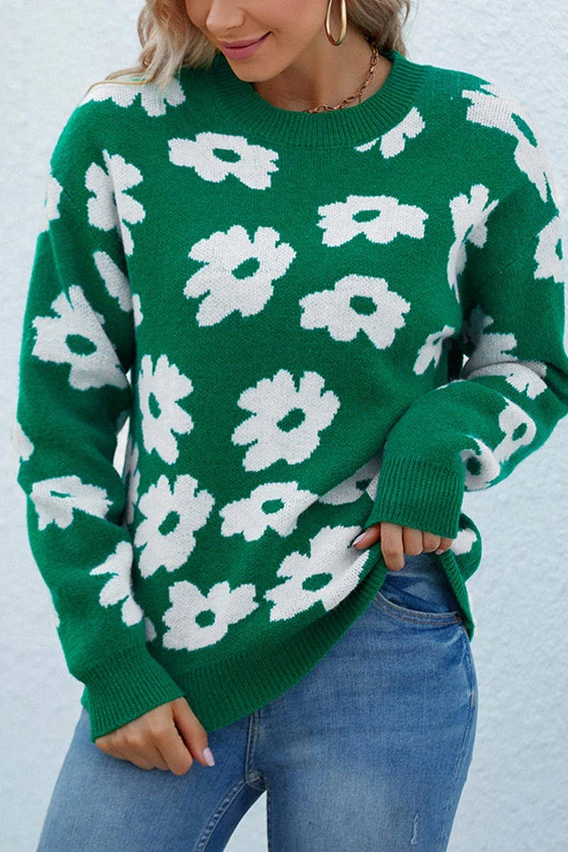 CWOSWL2938_CREW NECK PULLOVER FLORAL KNITTED SWEATER