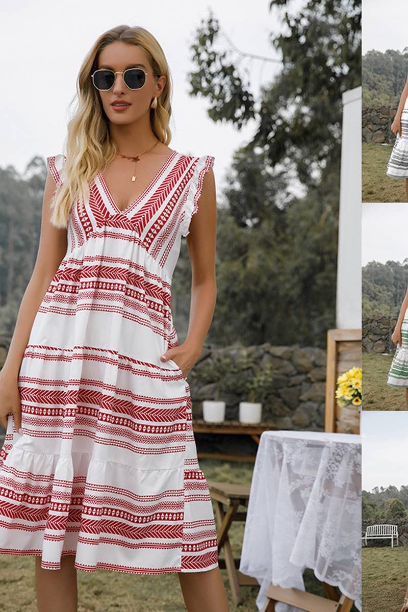 CWDMD6112_BOHO V-NECK POCKETED STRIPED TIERED DRESS