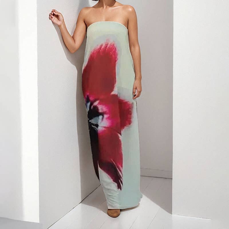 Fashion floral strapless high-waist maxi dress
