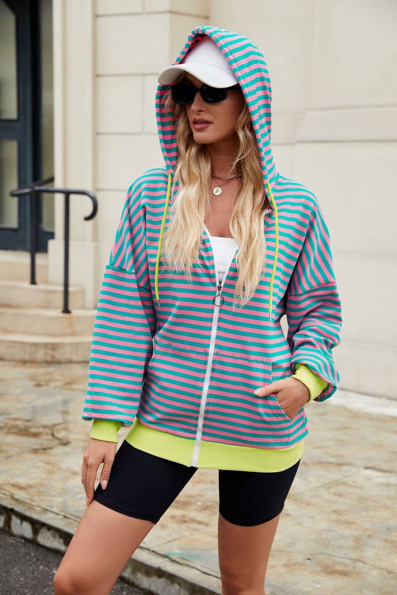 CWOCO0879_CASUAL CONTRAST STRIPE HOODED ZIP-UP SWEATSHIRT
