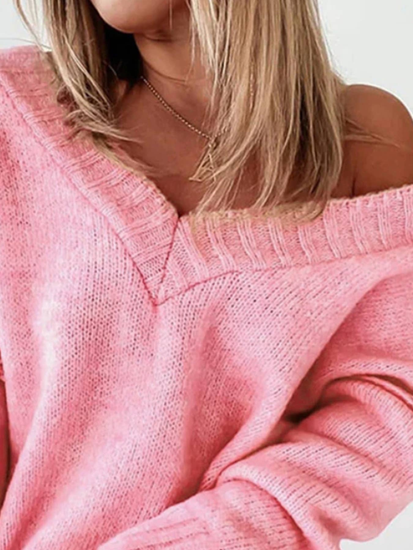 Casual loose solid-color V-neck pullover sweater