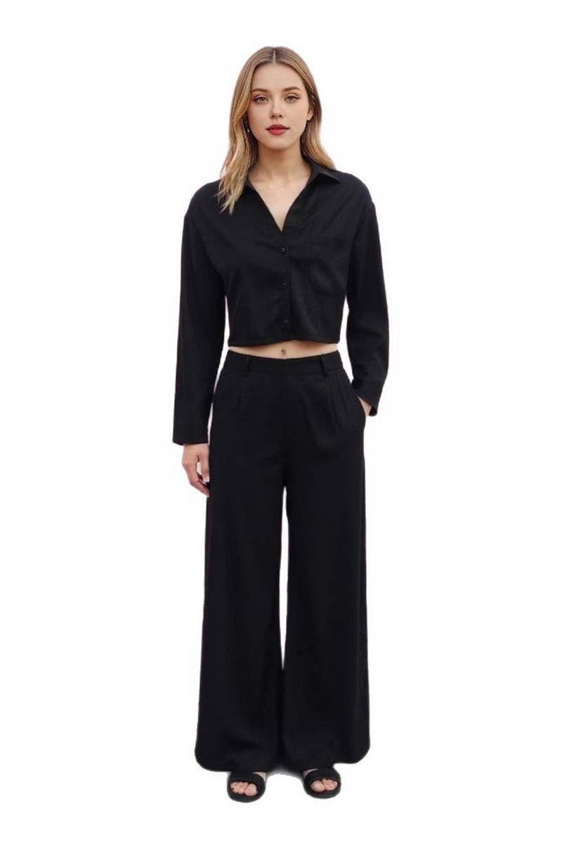 CWSTB1747_SOLID COLOR CROPPED SHIRT & PANTS SET FOR WOMEN