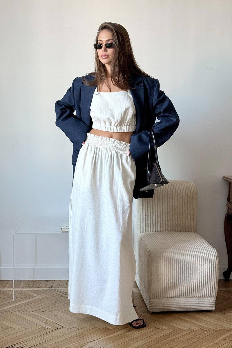 CWSS1169_COTTON-LINEN CAMI TOP & SPLIT MIDI SKIRT SET