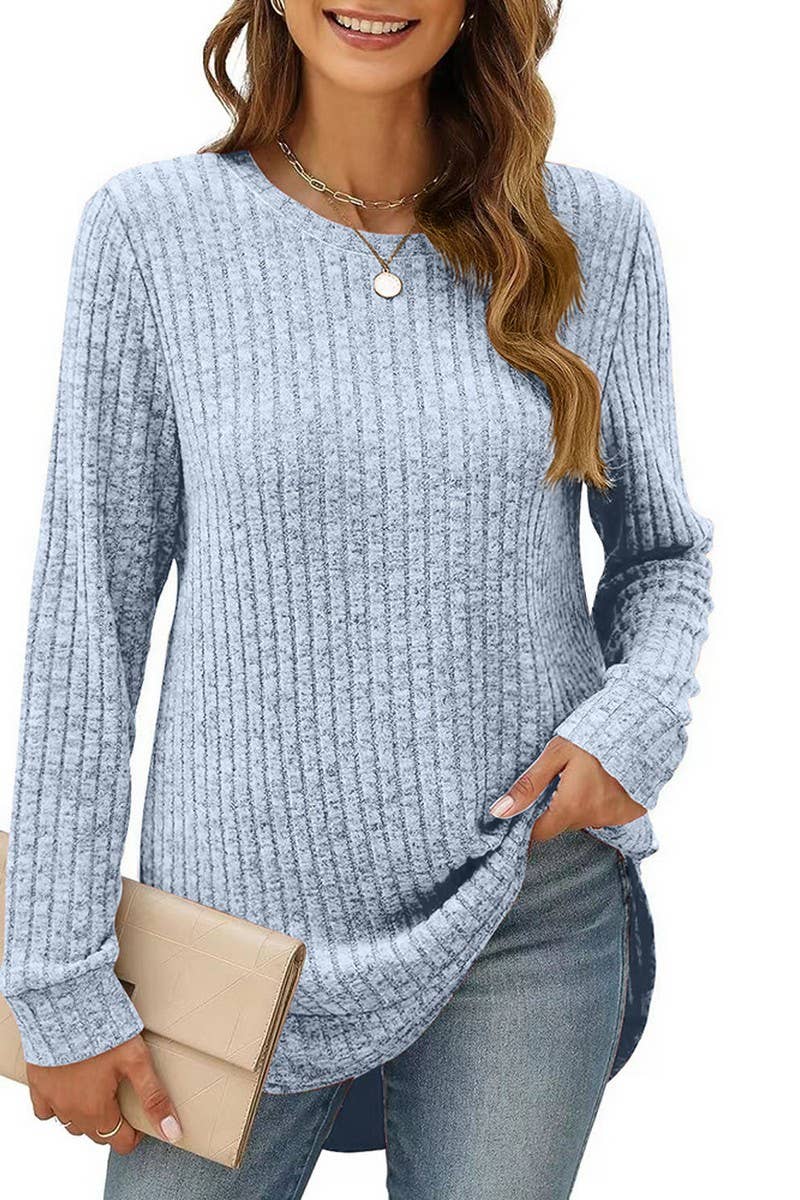 CWTBLL2383_ROUND NECK LONG SLEEVE SLIT SWALLOWTAIL TOP