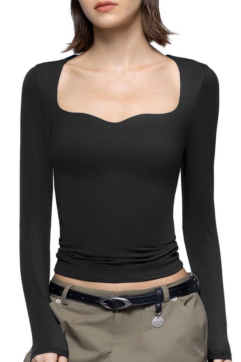 CWTBLL3951_SQUARE NECK RIBBED LONG SLEEVE CROP TOP