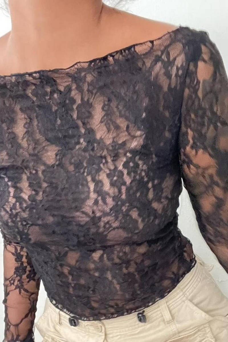 CWTBLL1194_SOLID COLOR LACE STITCHING LONG SLEEVE TOP