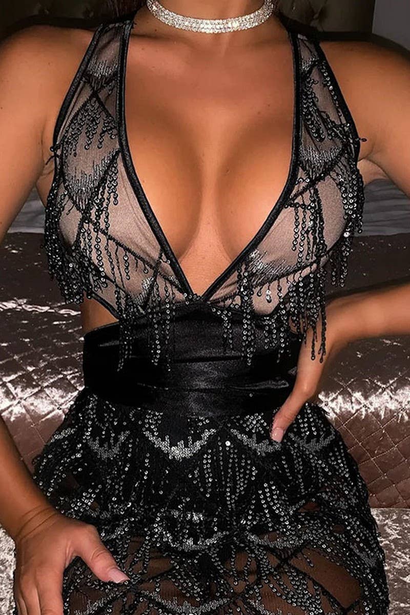 CWDSD10660_DEEP V FRINGE SEXY CLUB DRESS