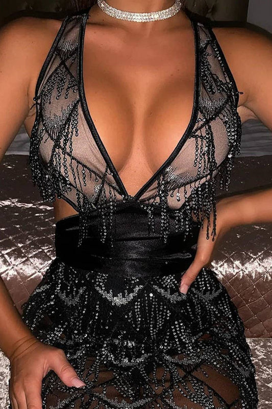 CWDSD10660_DEEP V FRINGE SEXY CLUB DRESS