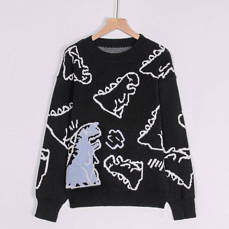 CREW-NECK LOOSE CARTOON DINOSAUR SWEATER