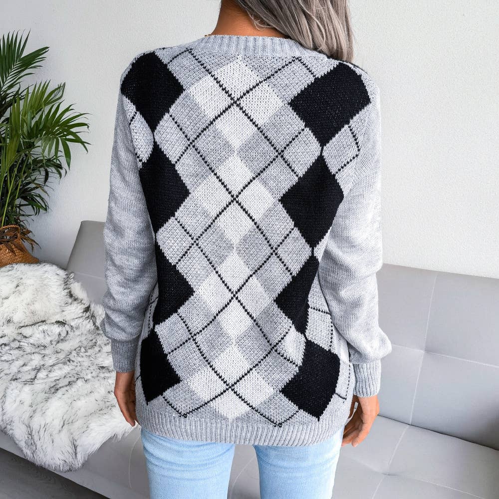 DIAMOND SHAPED CASUAL V-NECK SWEATER FOR WOMEN