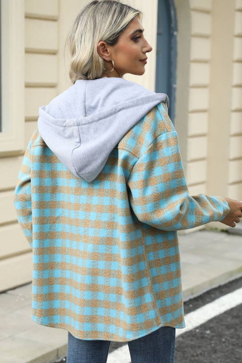 CWOCO0568_FALL PLAID HOODED PATCHWORK WOOLEN COAT