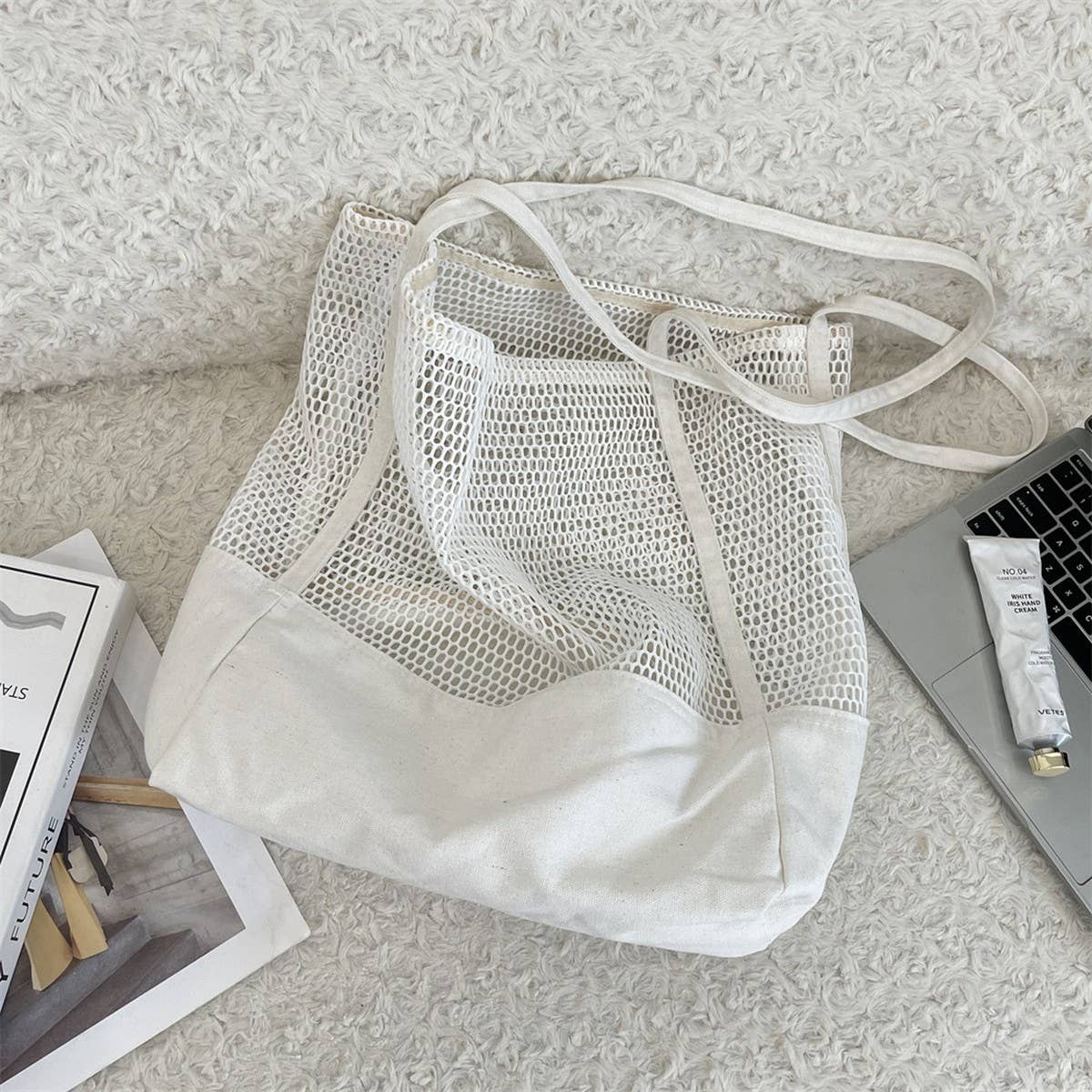 CWAB5806_SOLID COLOR HOLLOW LARGE CAPACITY MESH BEACH BAG