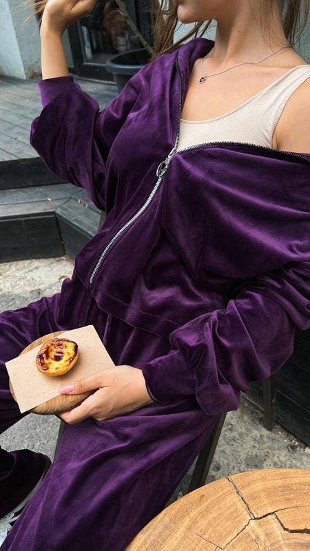 Casual velvet zipper hooded wide-leg pants set