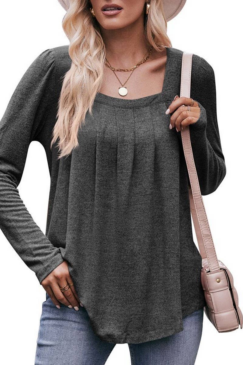 CWOSWL07634_SQUARE NECK PUFF SLEEVE PLEATED LONG SLEEVE TOP