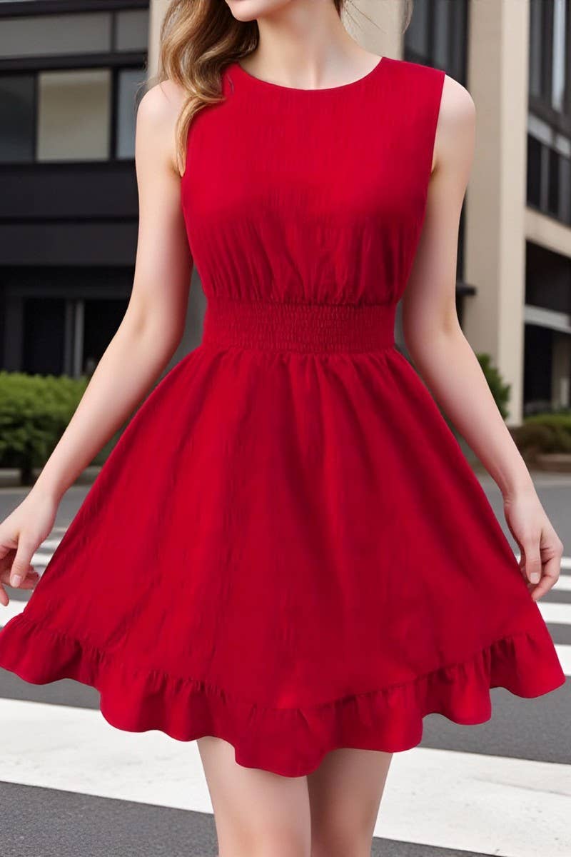 CWDSD10527_SUMMER ELEGANT WAIST SLEEVELESS RUFFLE DRESS