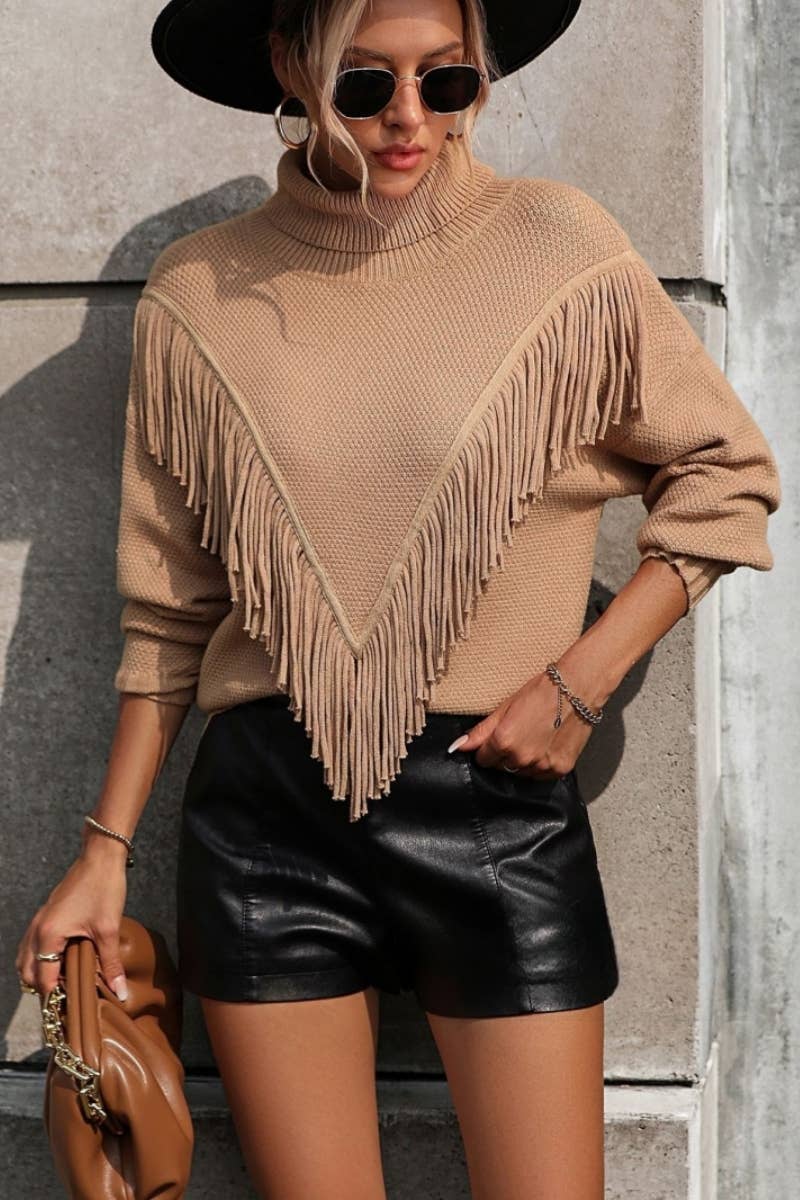 CWOSWL604 Turtle neck Fringe Tassel Pullover Sweater