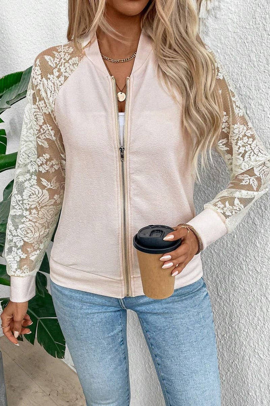 CWOCO1134_LACE PANEL LONG SLEEVE BASEBALL COLLAR JACKET TOP