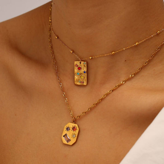 18K Stainless Steel Multicolor Gemstone Necklace_CWMM8888