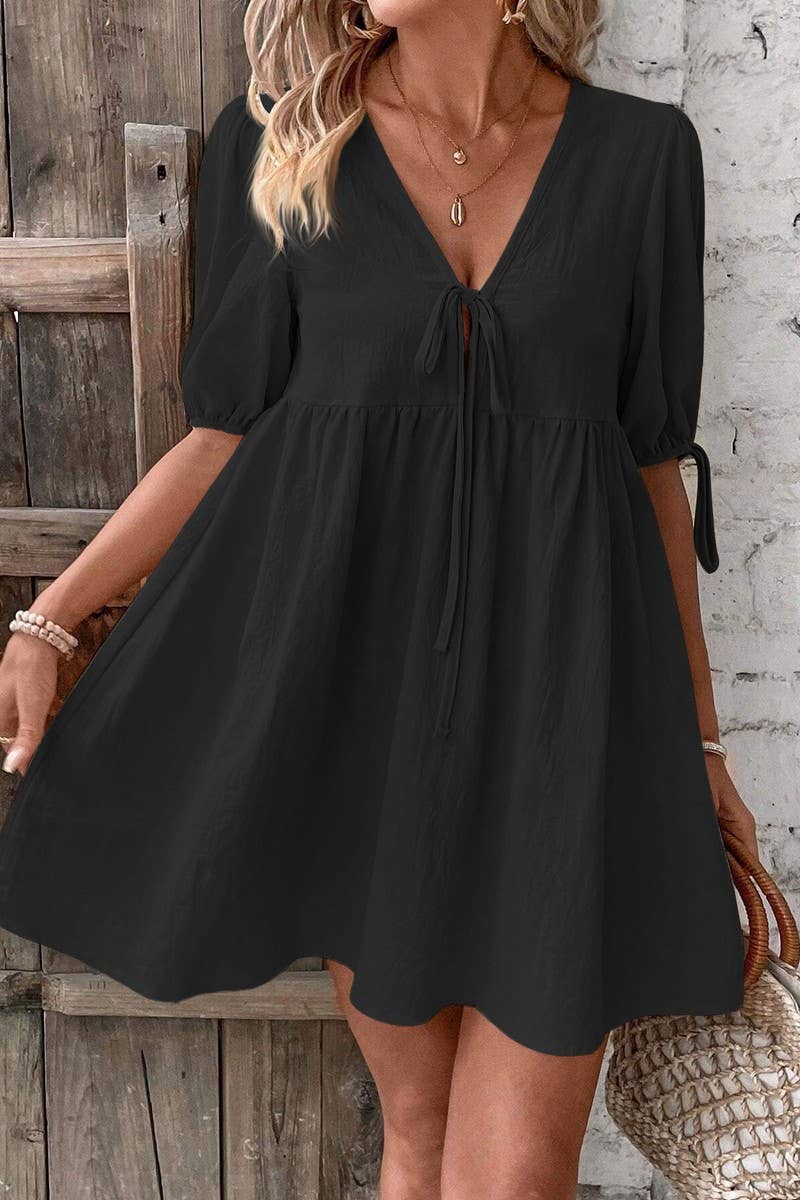 CWDSD8449_DEEP V TIE FRONT LOOSE A-LINE WOVEN DRESS