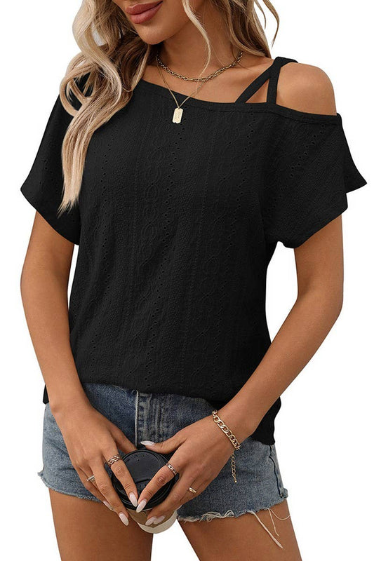 CWTBLS1717_SOLID COLOR ONE SHOULDER HOLLOW SHORT SLEEVE TOP