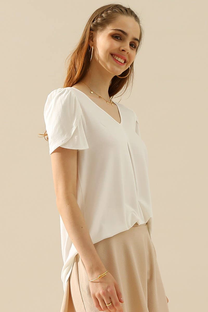 CWTTS561_SOLID V NECK SHORT TULIP SLEEVE TUNIC TOPS