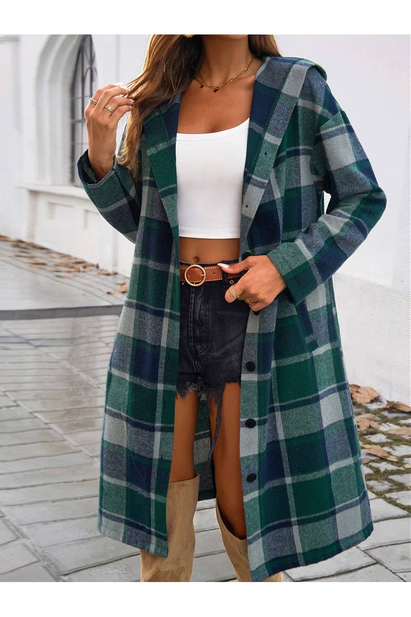 CWOCO0235_Casual Plaid Button Hooded Long Coat