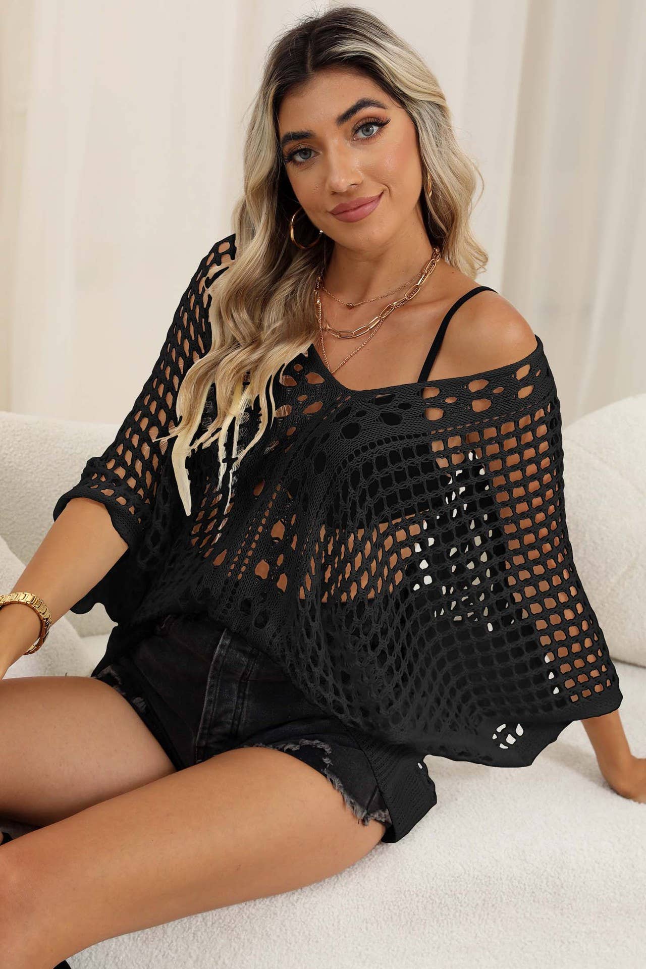 CUT-OUT WOVEN BAT-SLEEVE LOOSE CASUAL TOP