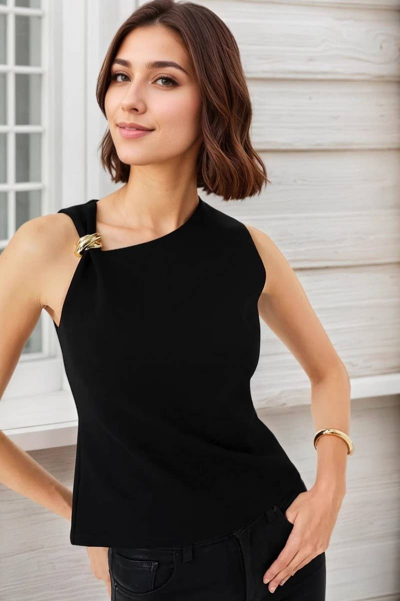 CWTBLSL0996_SLEEVELESS METAL RING SOLID COLOR SLIM VEST TOP