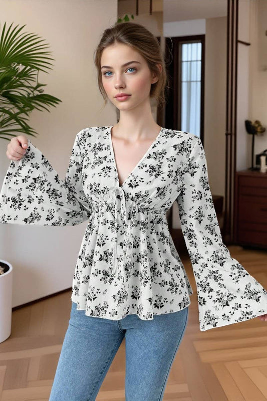 CWTBLL01068_V NECK FLORAL PRINT HIGH WAIST BLOUSE