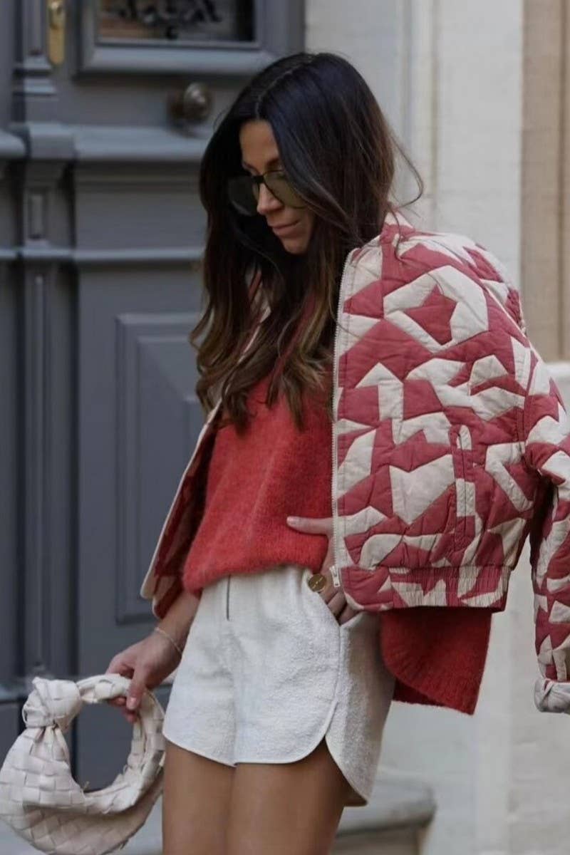 CWOCO1080_LOOSE PRINTED QUILTED ZIP-UP JACKET