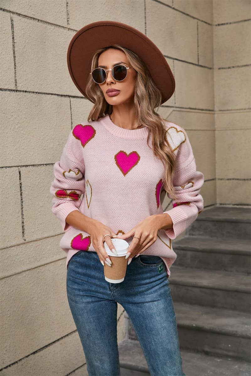 CWOSWL5782_CONTRAST VALENTINE'S DAY HEART PEACH SWEATER